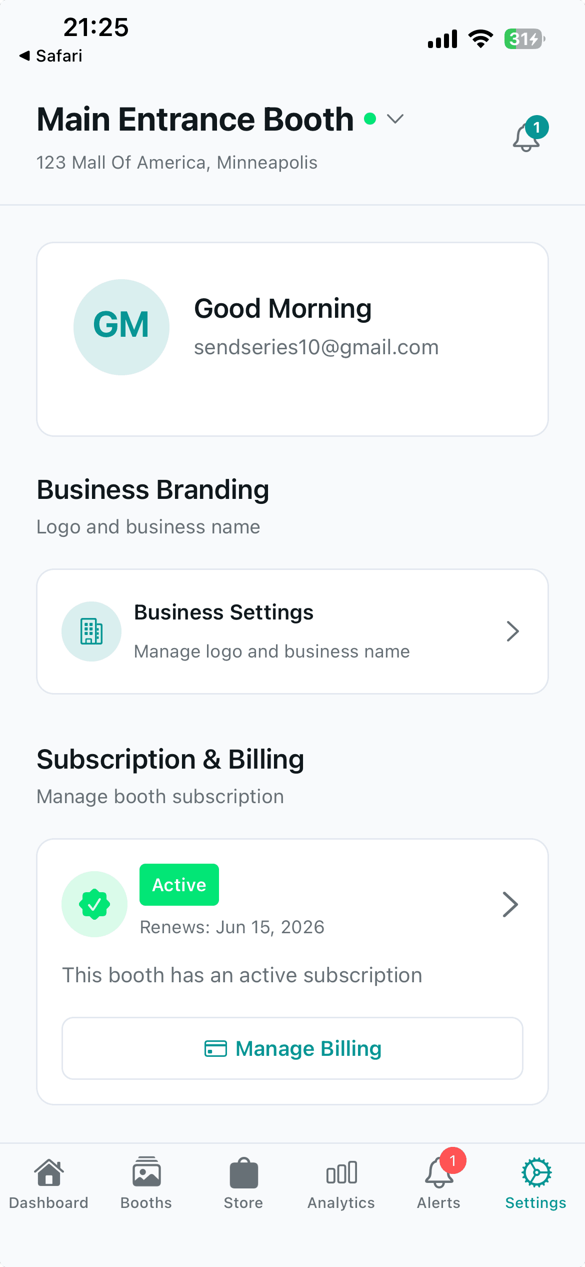 BoothIQ mobile app — account, branding, and subscription